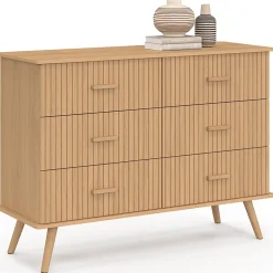 Commode 6 tiroirs JULIETTE 110 cm effet lattes tasseau bois coloris chêne