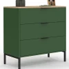 Commode 3 tiroirs KELIA 80 cm vert kaki et plateau bois