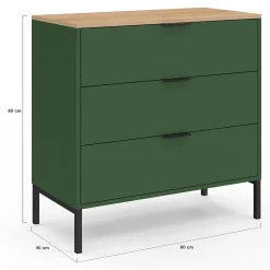 Commode 3 tiroirs KELIA 80 cm vert kaki et plateau bois
