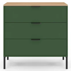 Commode 3 tiroirs KELIA 80 cm vert kaki et plateau bois
