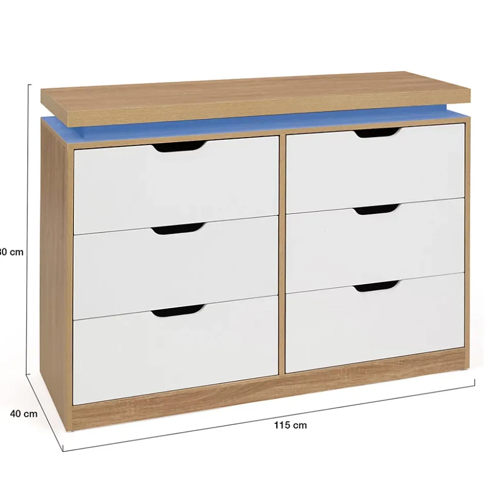 Commode 6 tiroirs LUNA à LEDS 115 cm blanc et effet bois