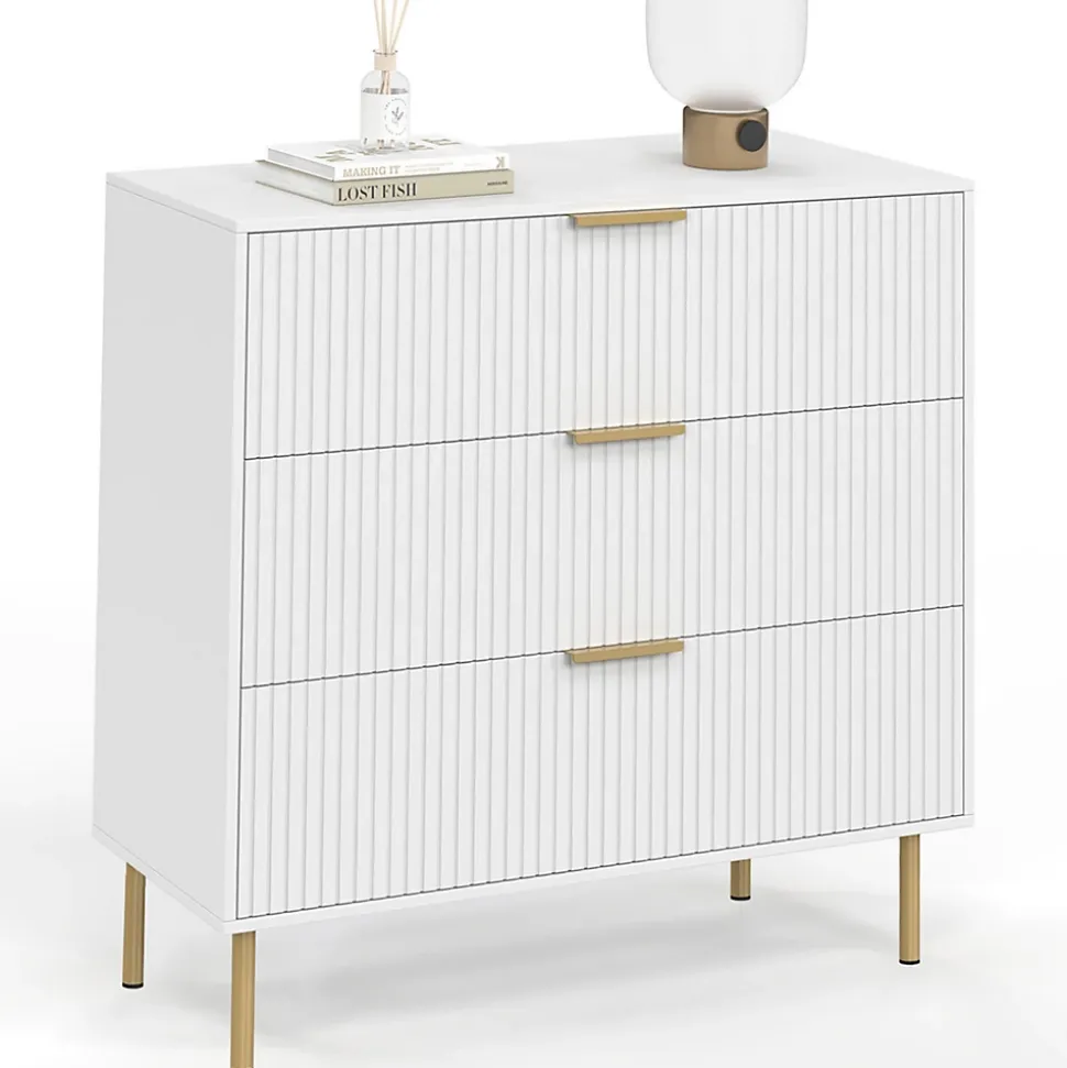 Commode 3 tiroirs MARCEL 80 cm lattes blanc et doré