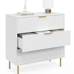 Commode 3 tiroirs MARCEL 80 cm lattes blanc et doré