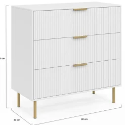 Commode 3 tiroirs MARCEL 80 cm lattes blanc et doré