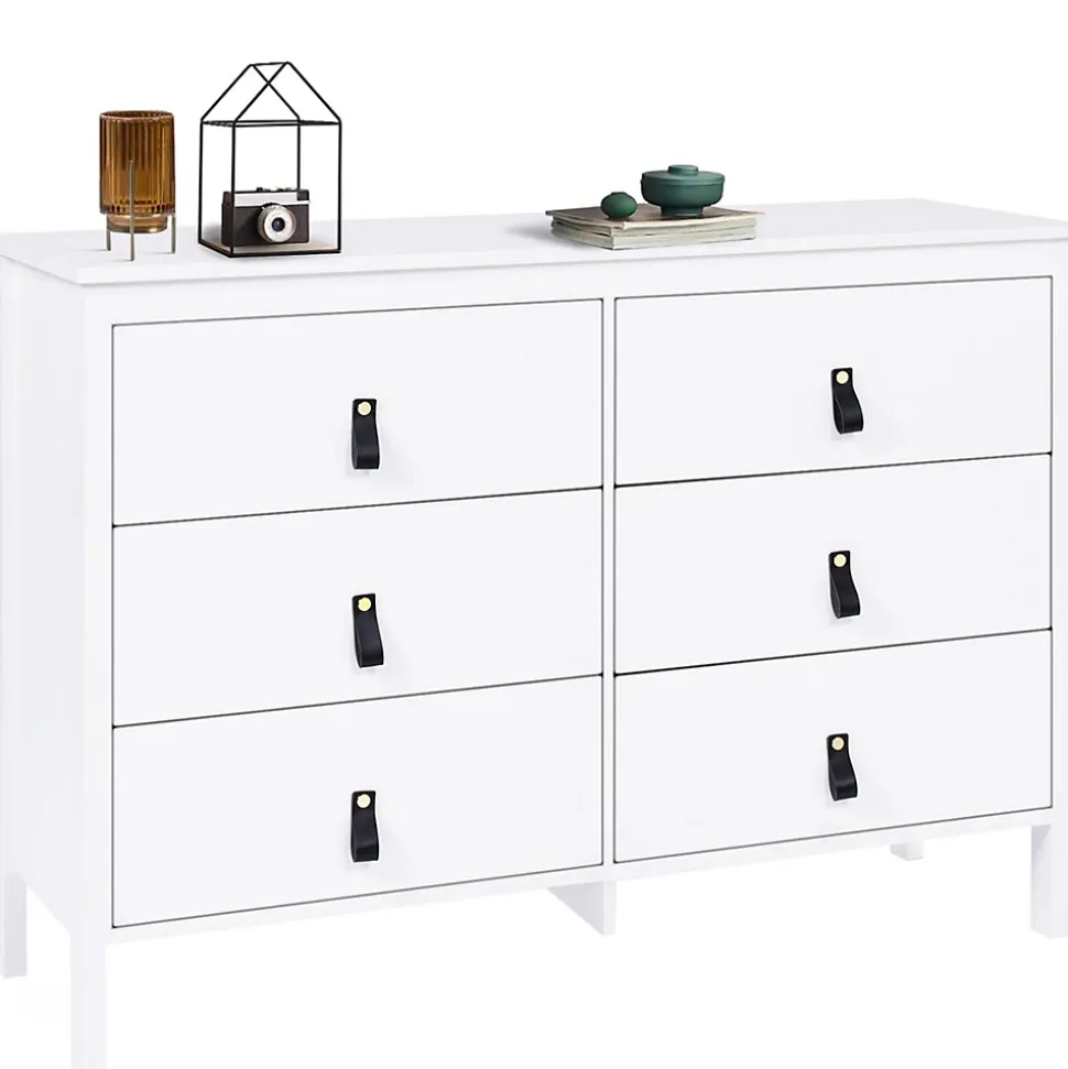 Commode 6 tiroirs MILANO 115 cm bois blanc avec poignée languette noire