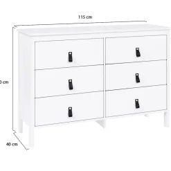 Commode 6 tiroirs MILANO 115 cm bois blanc avec poignée languette noire