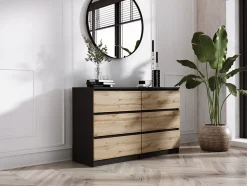 Commode 6 Tiroirs, Noir / Chêne Wotan, 120 X 39 X 78 Cm