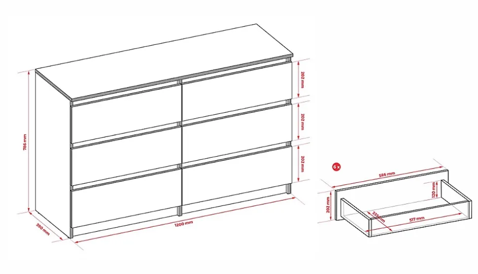 Commode 6 Tiroirs, Noir / Chêne Wotan, 120 X 39 X 78 Cm
