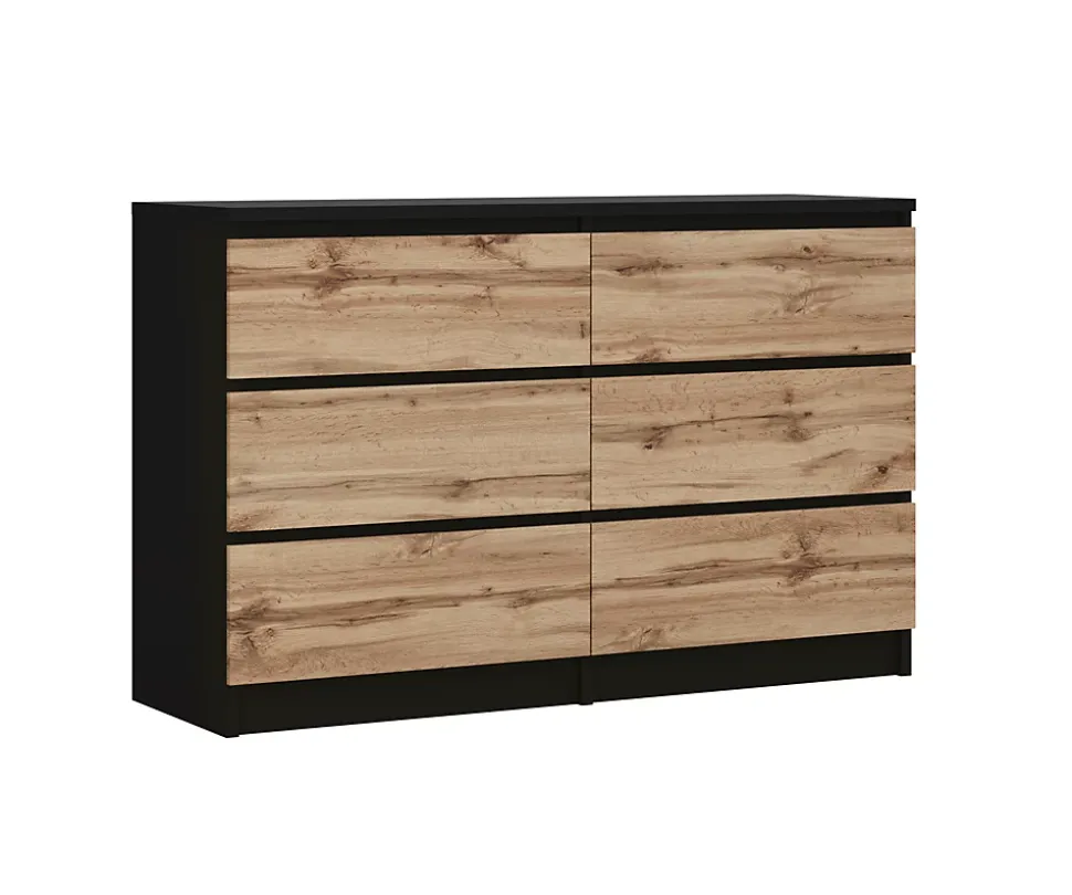 Commode 6 Tiroirs, Noir / Chêne Wotan, 120 X 39 X 78 Cm