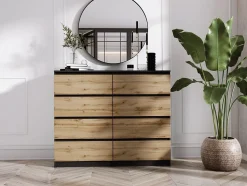 Commode 8 Tiroirs, Noir / Chêne Wotan, 120 X 101 X 39 Cm