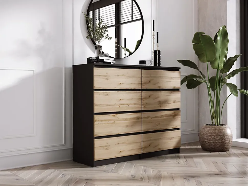 Commode 8 Tiroirs, Noir / Chêne Wotan, 120 X 101 X 39 Cm