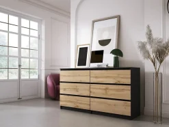 Commode 6 Tiroirs Noir / Wotan Chêne, 140 X 39 X 79 Cm