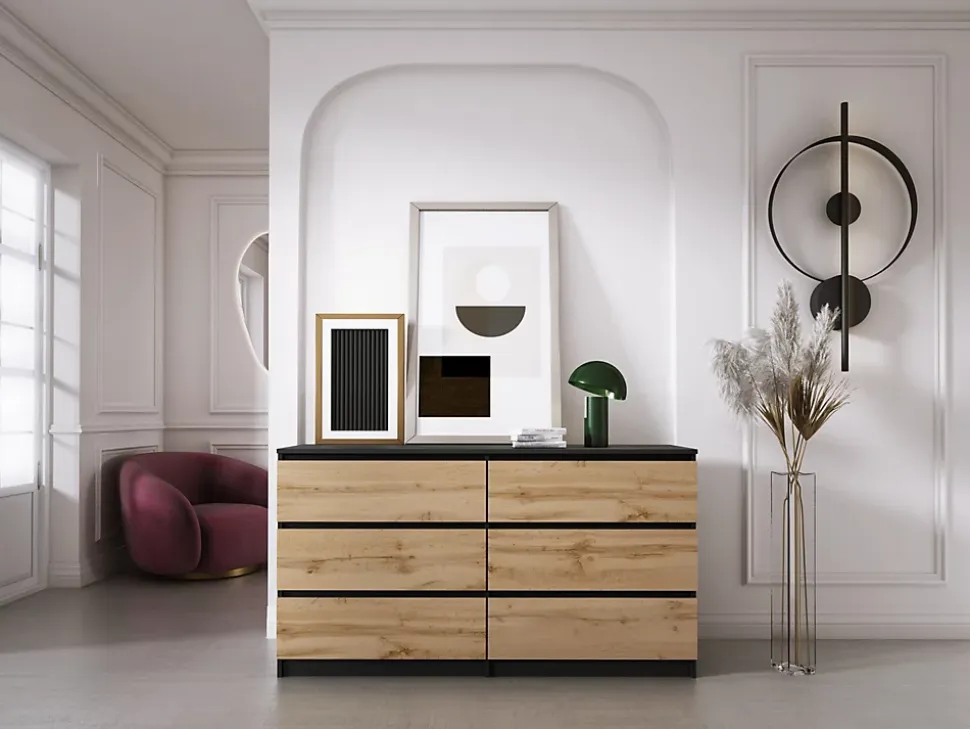 Commode 6 Tiroirs Noir / Wotan Chêne, 140 X 39 X 79 Cm