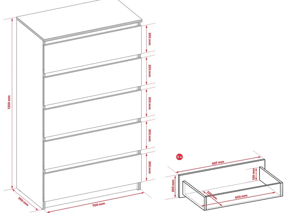 Commode 5 Tiroirs, Noir, 70 X 39 X 125 Cm