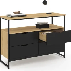 Commode 4 tiroirs noirs BOSTON 110 cm design industriel avec étagère