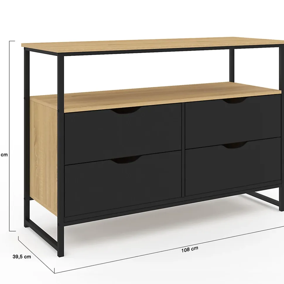Commode 4 tiroirs noirs BOSTON 110 cm design industriel avec étagère
