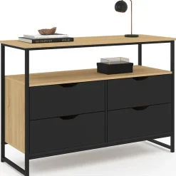 Commode 4 tiroirs noirs BOSTON 110 cm design industriel avec étagère