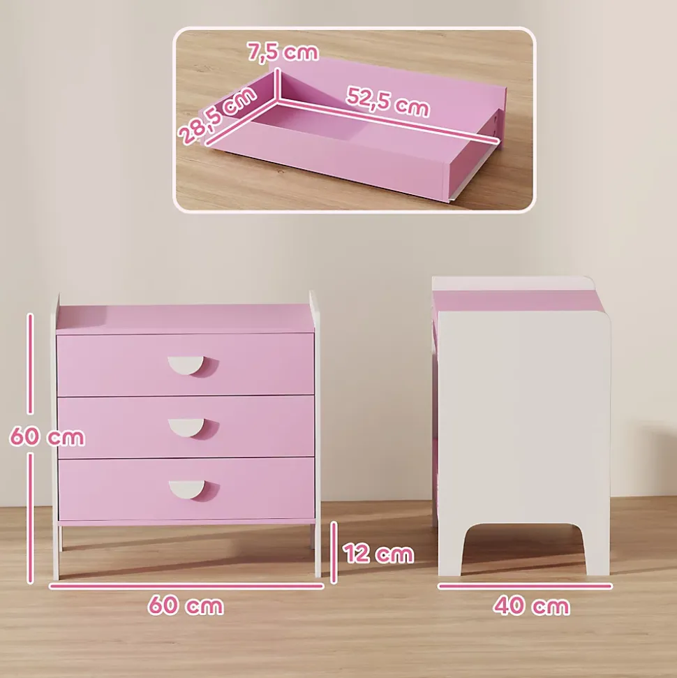 Commode 3 tiroirs pour enfant - commode design girly sur pieds bicolore blanc rose - 60 x 40 x 60 cm
