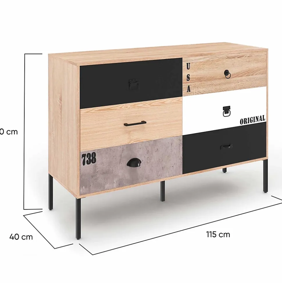 Commode 6 tiroirs SACRAMENTO 115 cm design industriel dépareillé