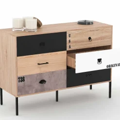 Commode 6 tiroirs SACRAMENTO 115 cm design industriel dépareillé