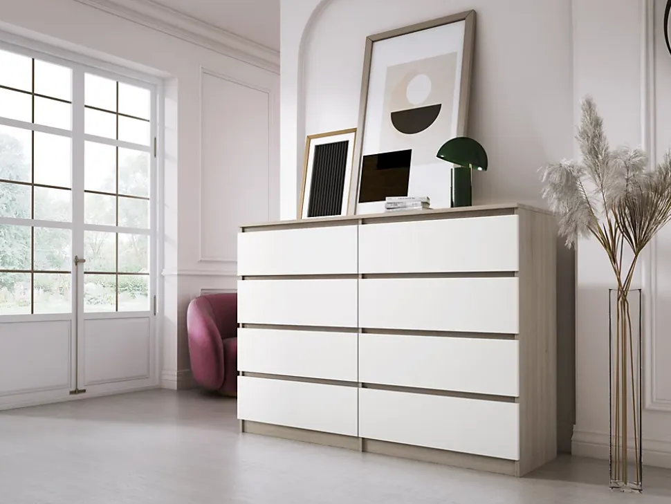 Commode 8 Tiroirs, Sonoma Chêne / Blanc, 140 X 101 X 39 Cm