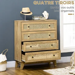 Commode 4 tiroirs style bohème chic cannage en rotin aspect bois de manguier
