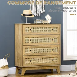 Commode 4 tiroirs style bohème chic cannage en rotin aspect bois de manguier