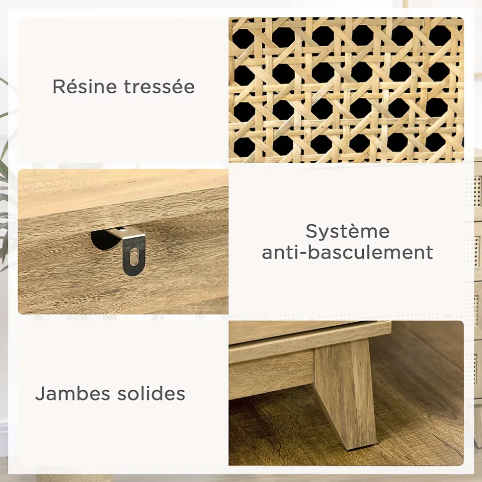 Commode 4 tiroirs style bohème chic cannage en rotin aspect bois de manguier