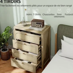 Commode 4 tiroirs style bohème effet rotin poignées métal doré 70 x 38 x 93 cm effet bois naturel