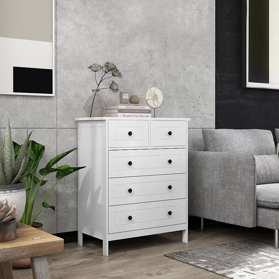 Commode 5 tiroirs style contemporain poignées boutons métal noir MDF panneaux blanc