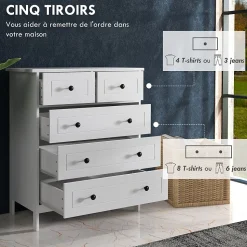 Commode 5 tiroirs style contemporain poignées boutons métal noir MDF panneaux blanc