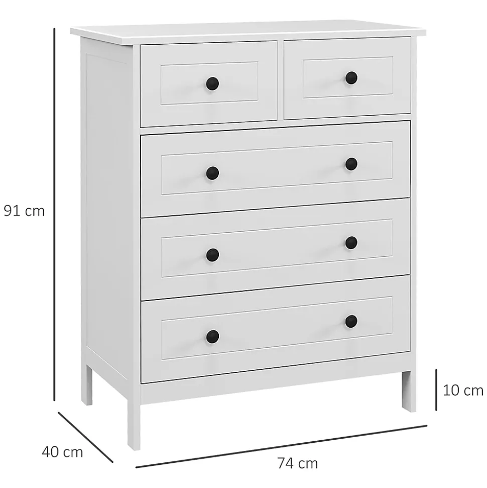 Commode 5 tiroirs style contemporain poignées boutons métal noir MDF panneaux blanc