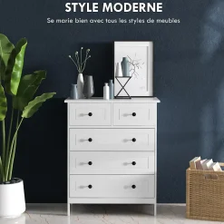 Commode 5 tiroirs style contemporain poignées boutons métal noir MDF panneaux blanc