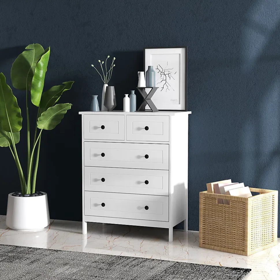 Commode 5 tiroirs style contemporain poignées boutons métal noir MDF panneaux blanc