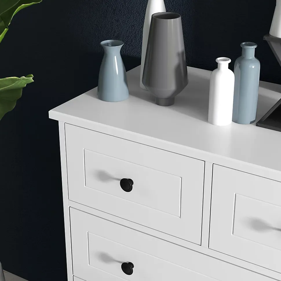 Commode 5 tiroirs style contemporain poignées boutons métal noir MDF panneaux blanc