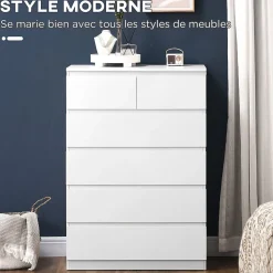 Commode 6 tiroirs style contemporain dim. 80L x 39l x 115H cm poignées invisibles blanc