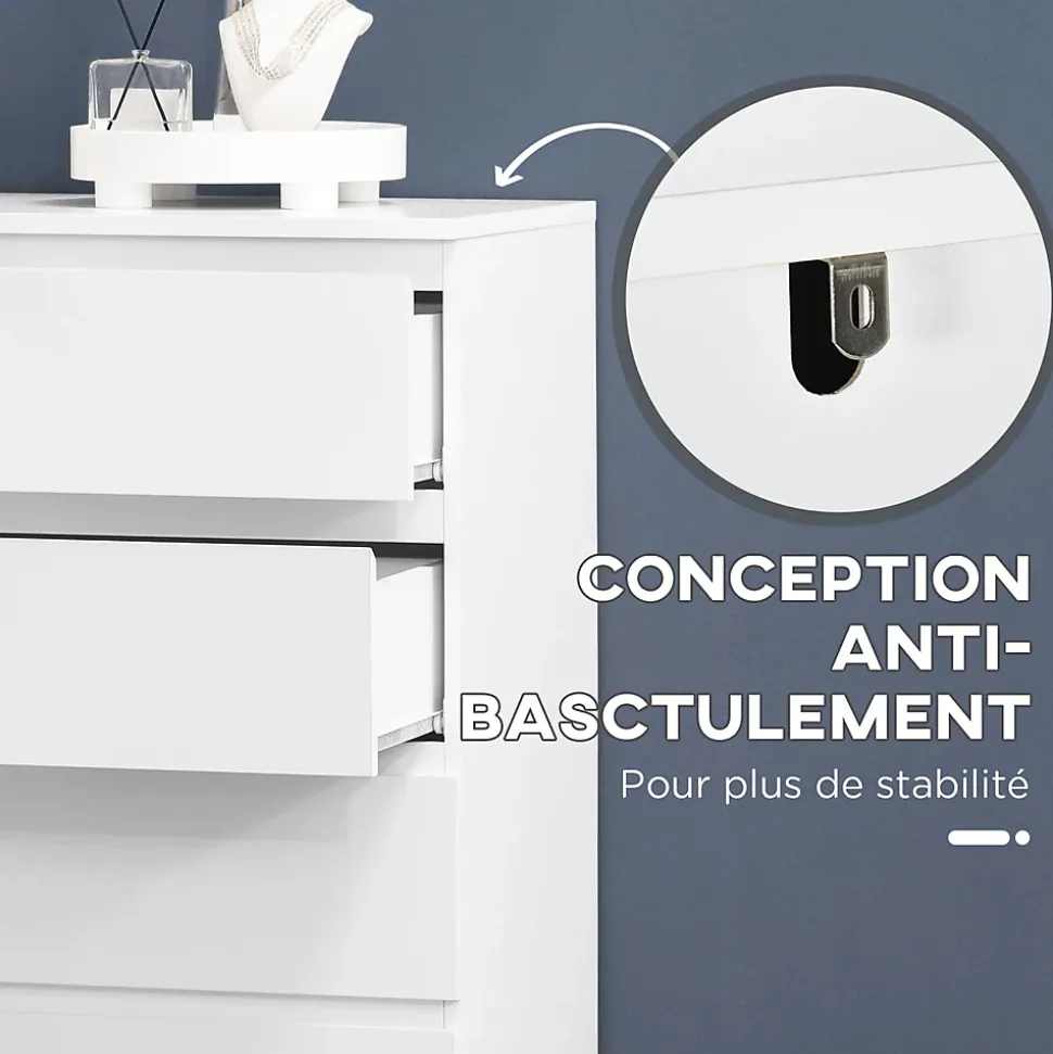Commode 6 tiroirs style contemporain dim. 80L x 39l x 115H cm poignées invisibles blanc