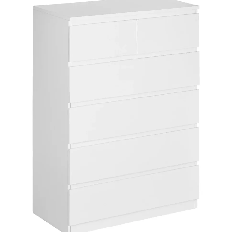 Commode 6 tiroirs style contemporain dim. 80L x 39l x 115H cm poignées invisibles blanc