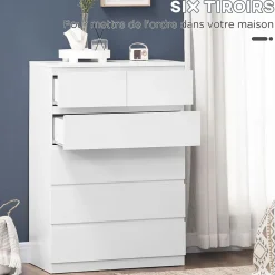 Commode 6 tiroirs style contemporain dim. 80L x 39l x 115H cm poignées invisibles blanc