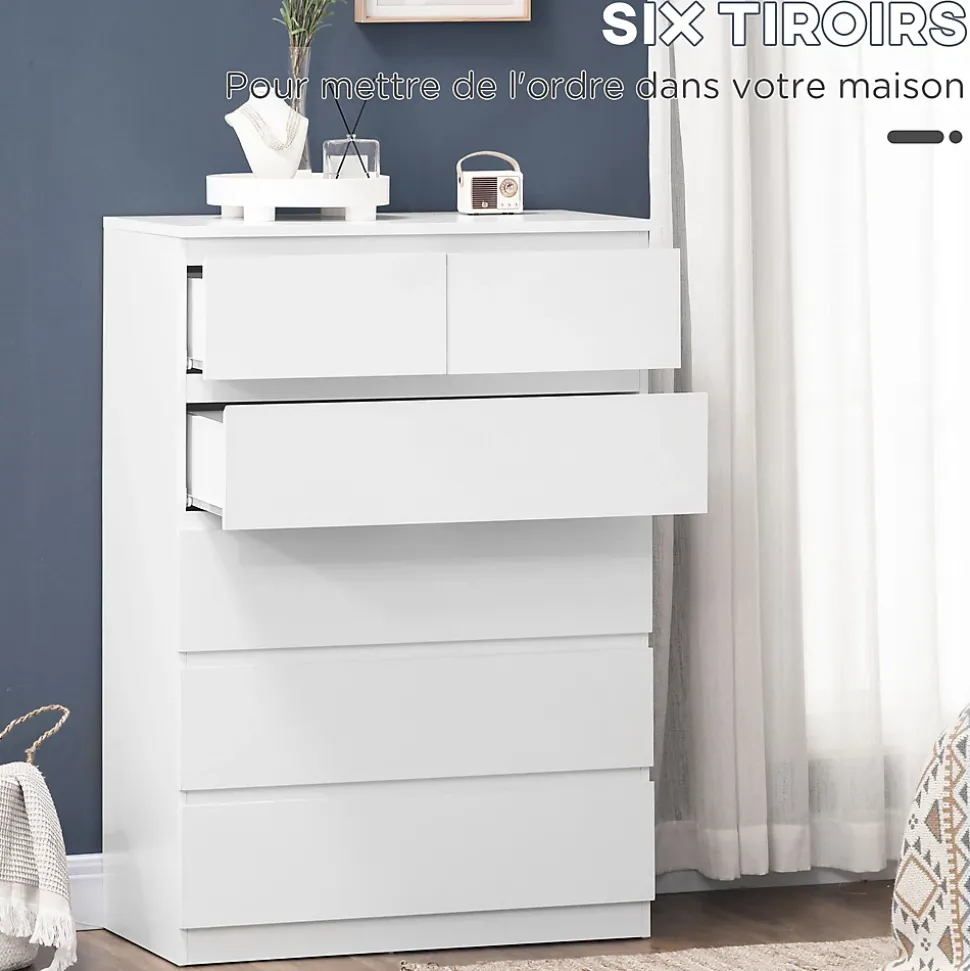 Commode 6 tiroirs style contemporain dim. 80L x 39l x 115H cm poignées invisibles blanc