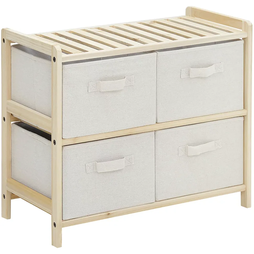 Commode 4 tiroirs tissu polyester beige dim. 59L x 28l x 50H cm bois sapin