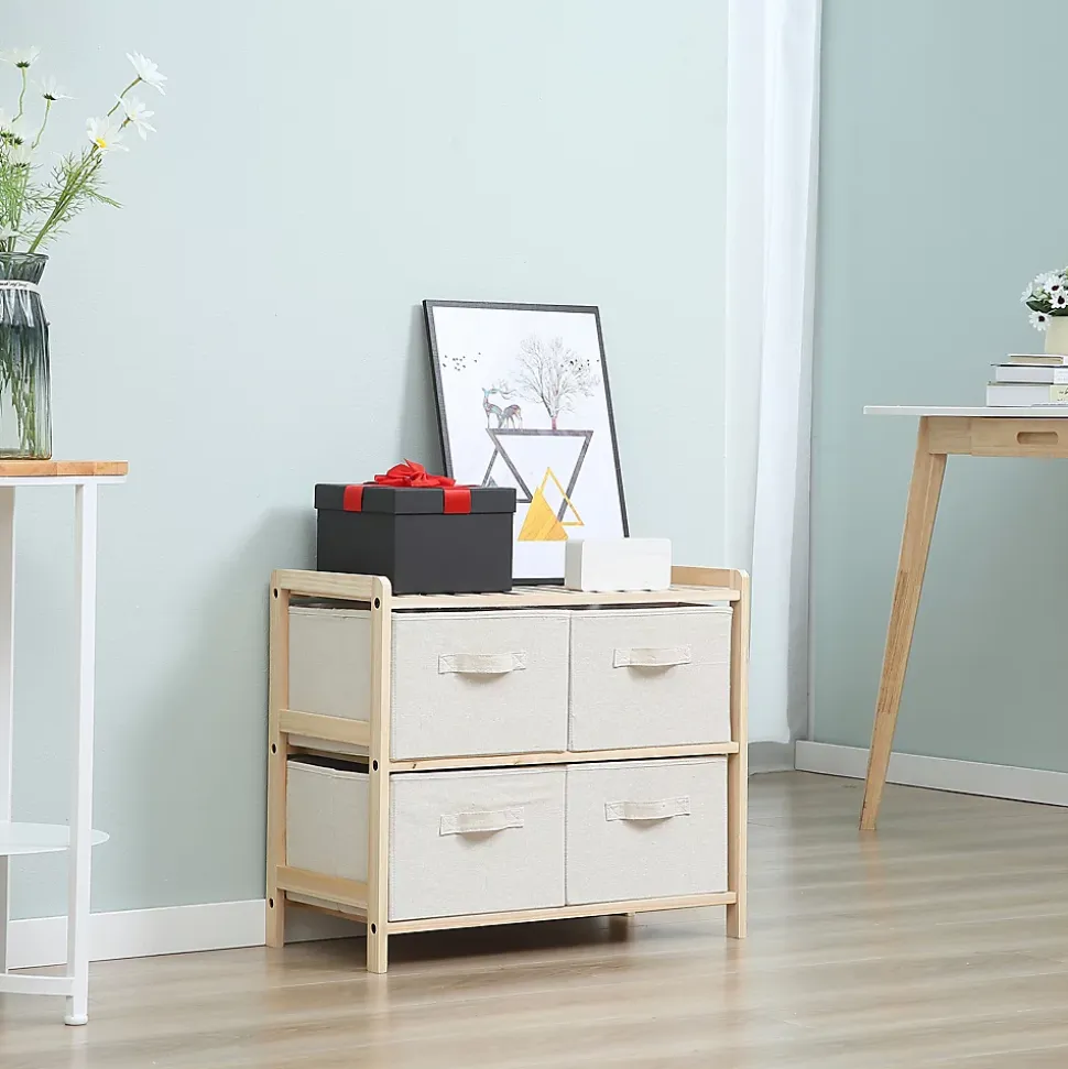 Commode 4 tiroirs tissu polyester beige dim. 59L x 28l x 50H cm bois sapin