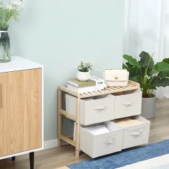 Commode 4 tiroirs tissu polyester beige dim. 59L x 28l x 50H cm bois sapin