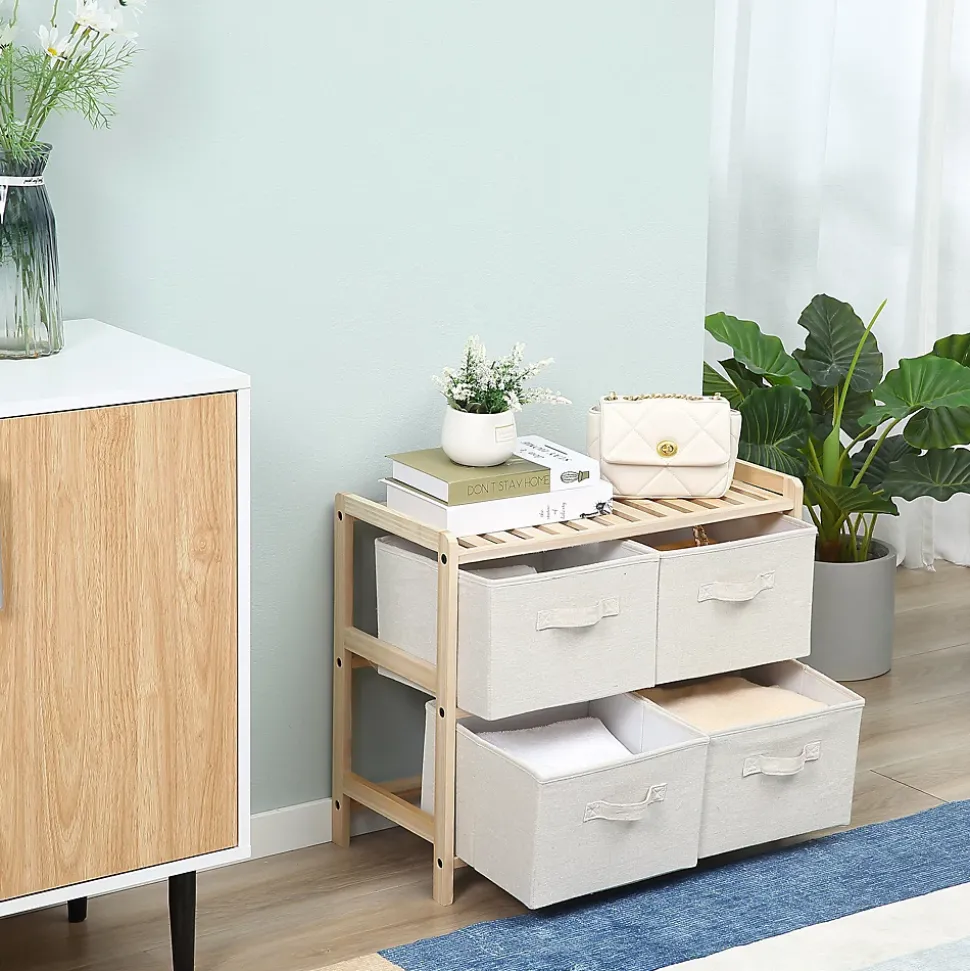 Commode 4 tiroirs tissu polyester beige dim. 59L x 28l x 50H cm bois sapin