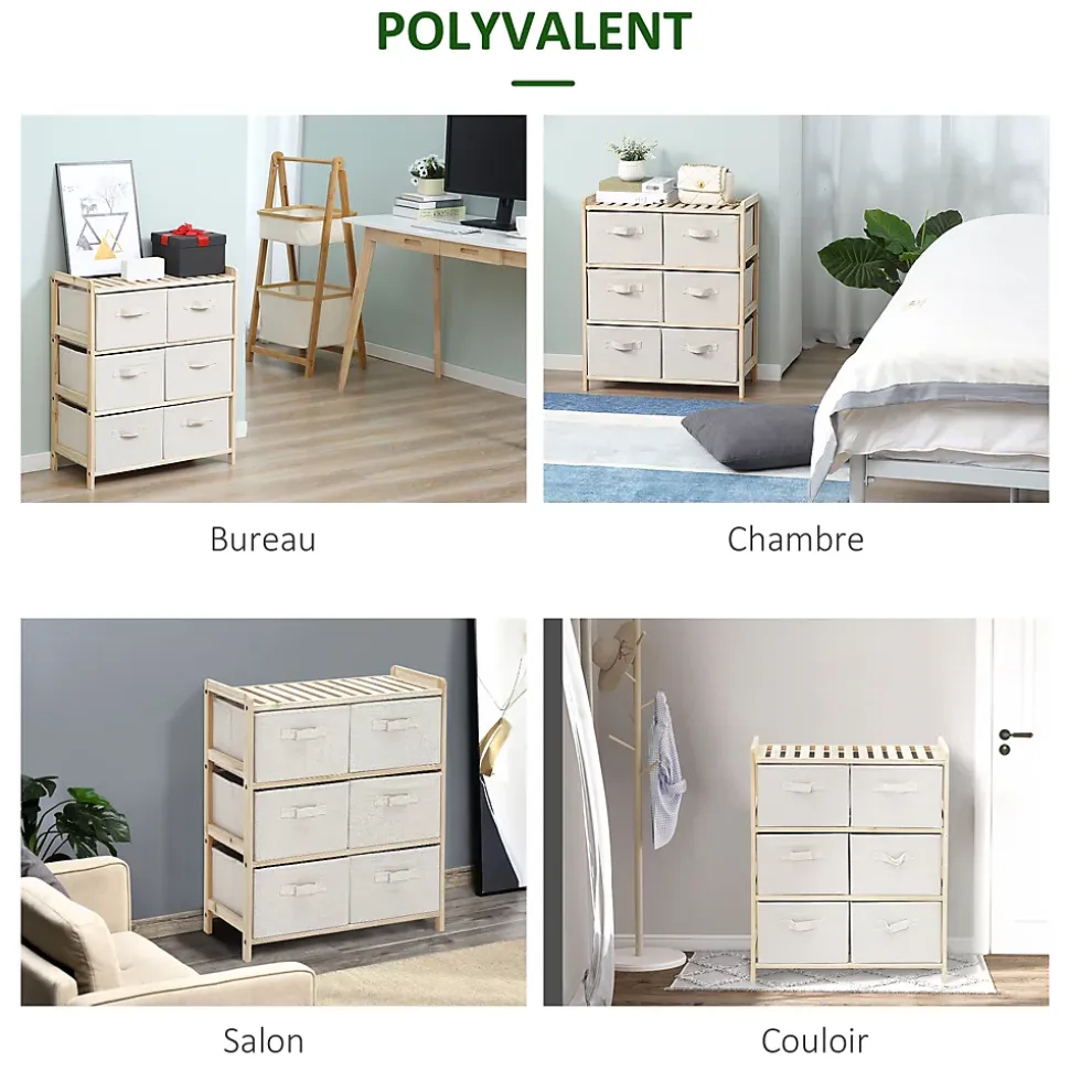 Commode 4 tiroirs tissu polyester beige dim. 59L x 28l x 50H cm bois sapin
