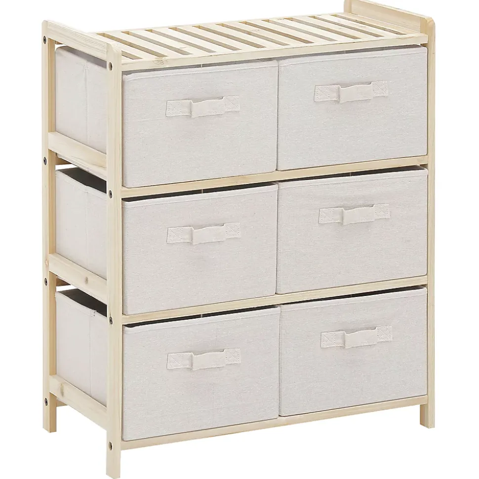 Commode 6 tiroirs tissu polyester beige dim. 59L x 28l x 70H cm bois sapin