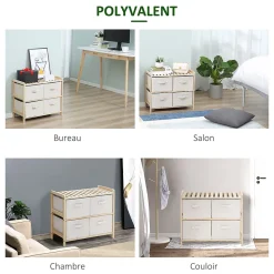 Commode 6 tiroirs tissu polyester beige dim. 59L x 28l x 70H cm bois sapin