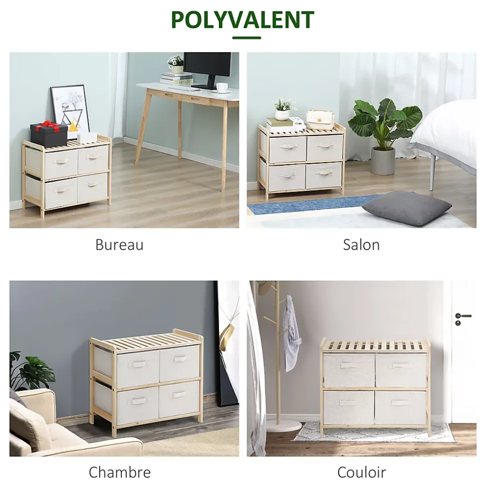 Commode 6 tiroirs tissu polyester beige dim. 59L x 28l x 70H cm bois sapin