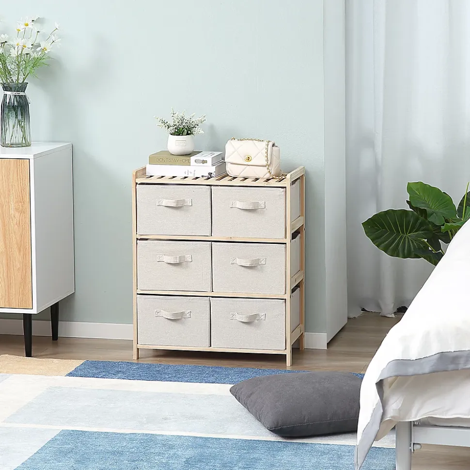 Commode 6 tiroirs tissu polyester beige dim. 59L x 28l x 70H cm bois sapin