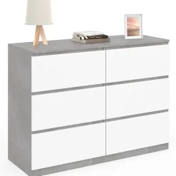 Commode 6 tiroirs TOMI 110 cm blanc et effet béton